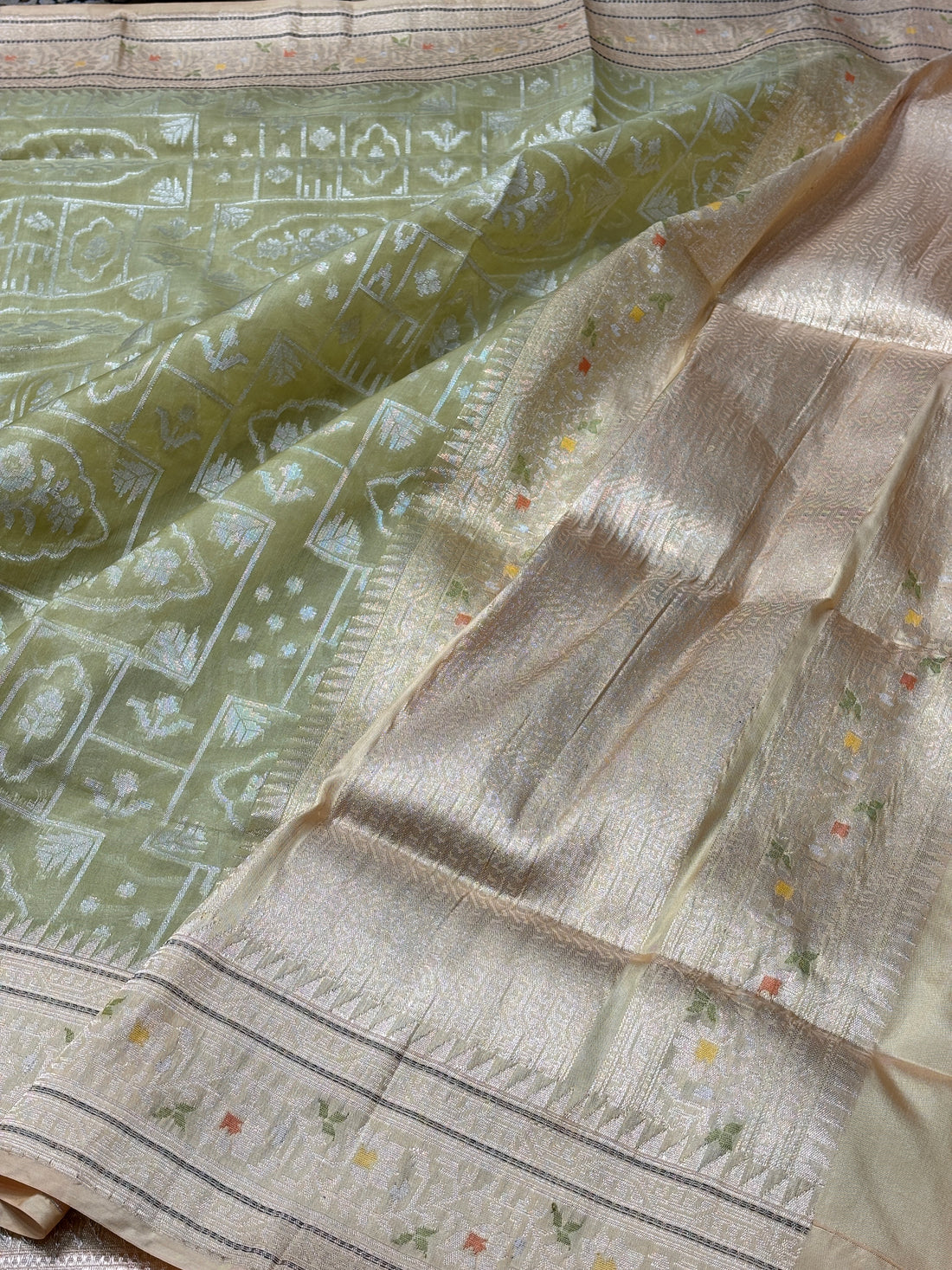 Pista Green Banarasi Kora Silk Handwoven Saree