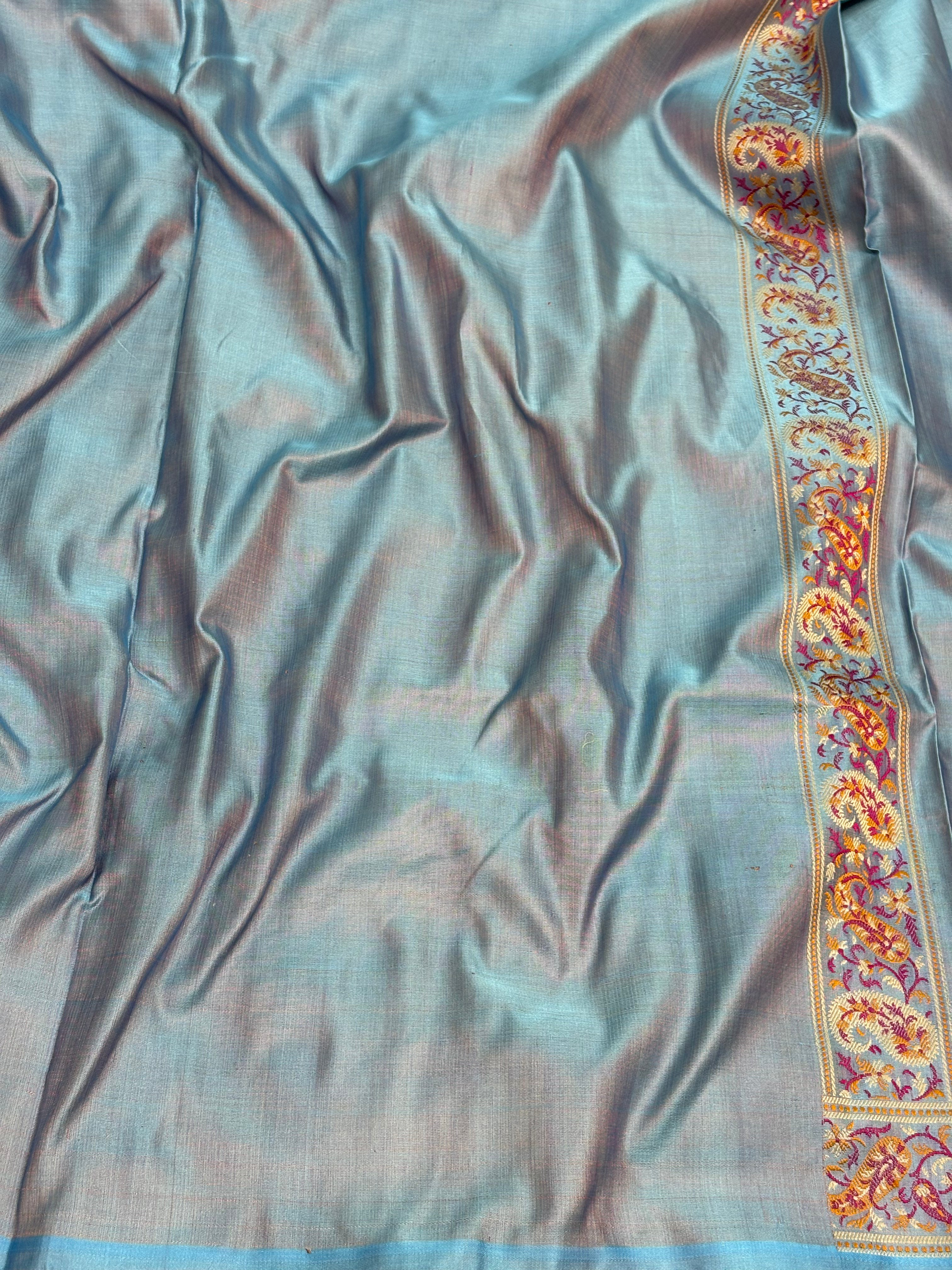 Powder Blue Handwoven Pure Satin Silk Tanchoi Banarasi Saree