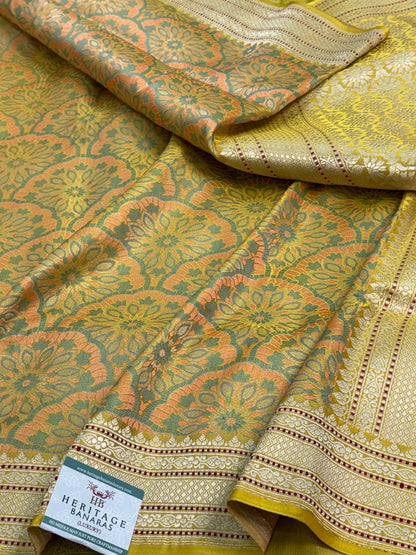 Yellow Handwoven Pure Satin Silk Tanchoi Banarasi Saree
