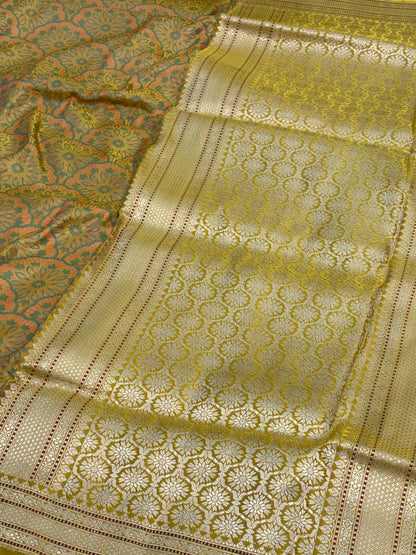 Yellow Handwoven Pure Satin Silk Tanchoi Banarasi Saree