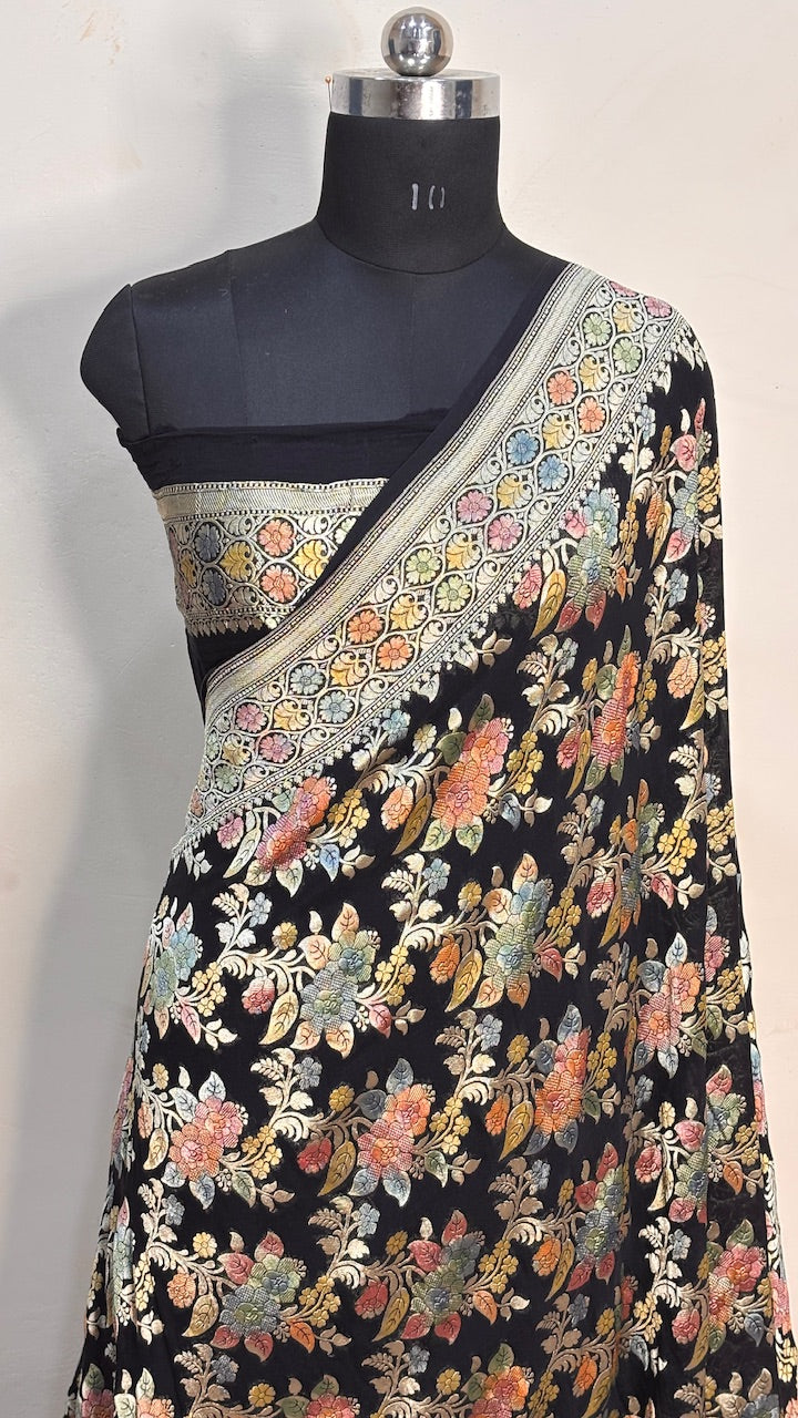 Black Banarasi Pure Chiffon Silk Saree