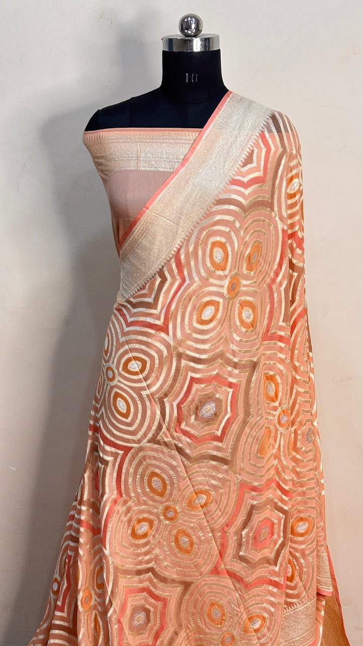 Peach Banarasi Pure Chiffon Silk Saree