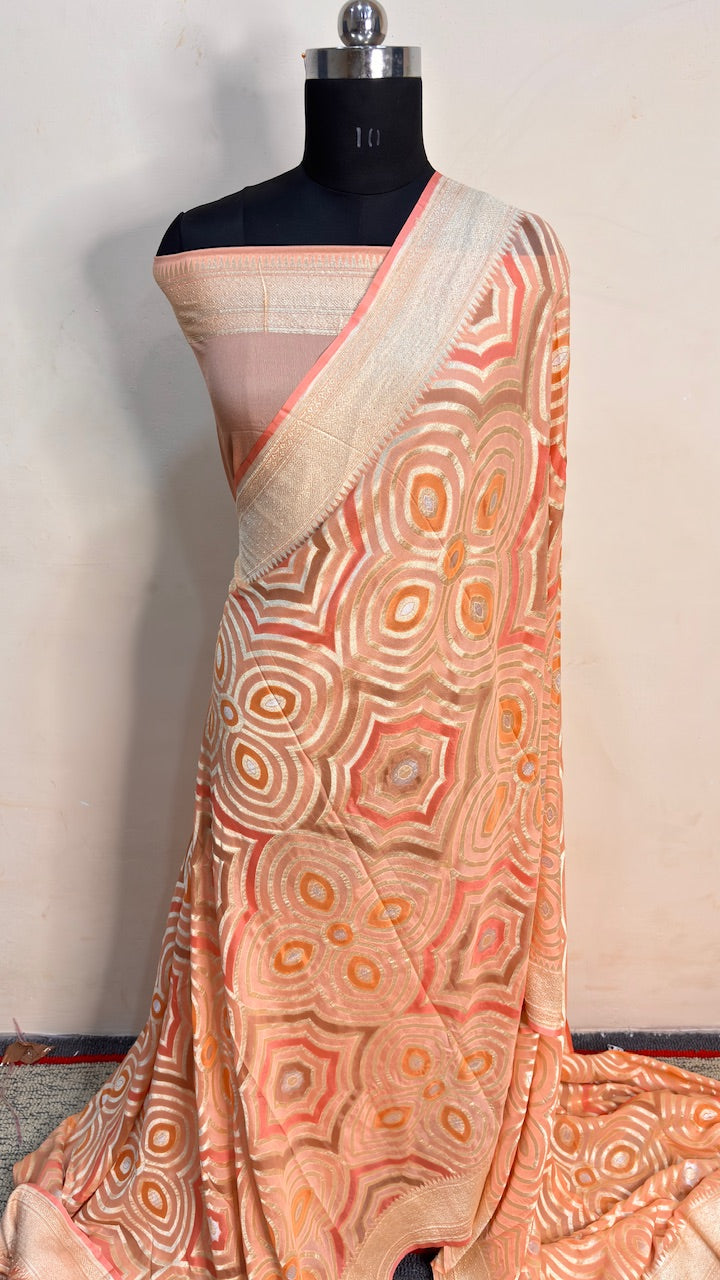Peach Banarasi Pure Chiffon Silk Saree