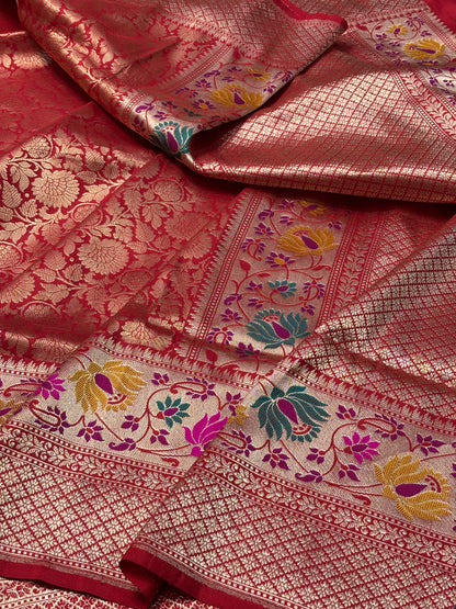 Red Pure Banarasi Brocade Tanchoi Handwoven Saree
