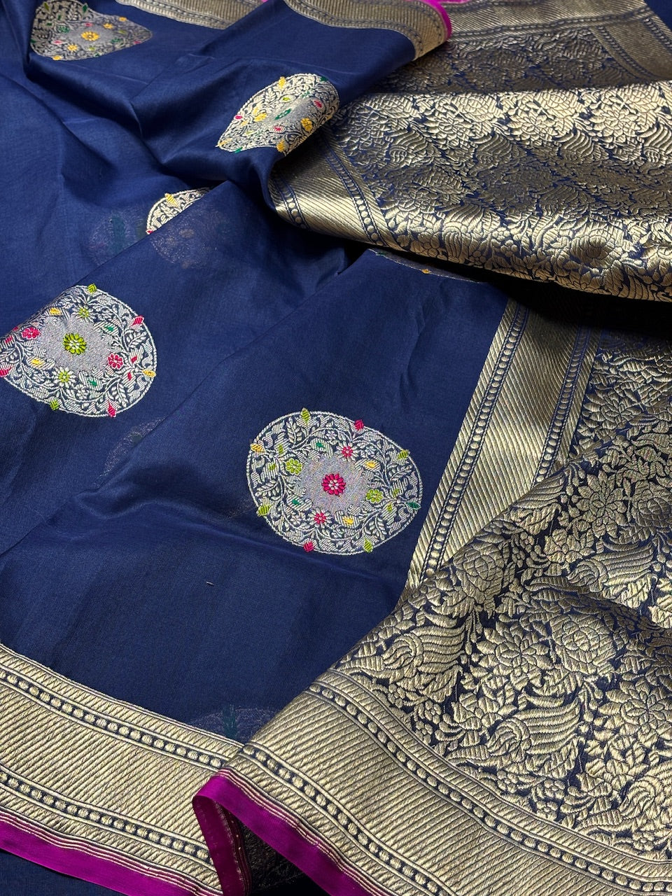 Navy Blue Banarasi Kora Silk Handwoven Saree