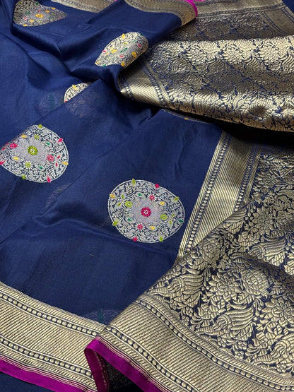 Navy Blue Banarasi Kora Silk Handwoven Saree