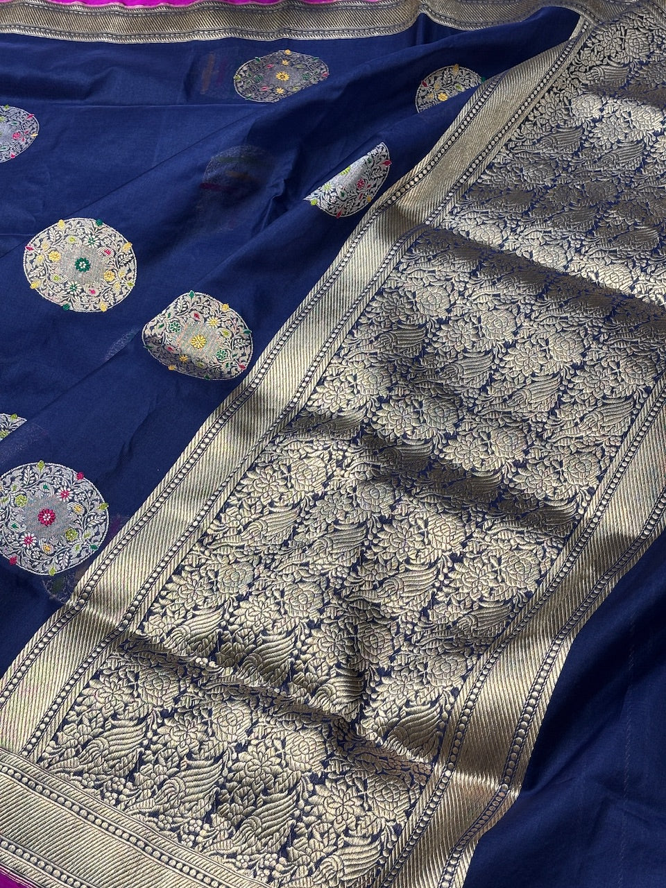 Navy Blue Banarasi Kora Silk Handwoven Saree