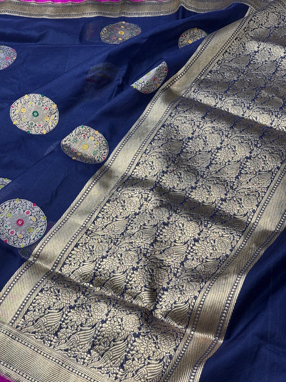 Navy Blue Banarasi Kora Silk Handwoven Saree