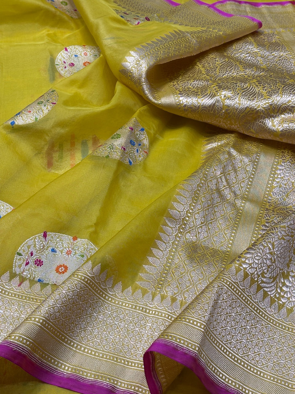 Mango Yellow Banarasi Kora Silk Handwoven Saree