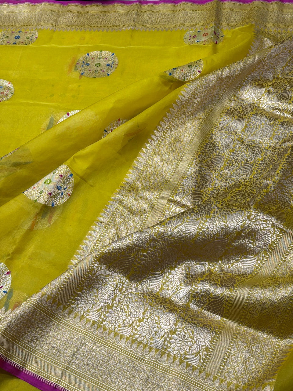 Mango Yellow Banarasi Kora Silk Handwoven Saree