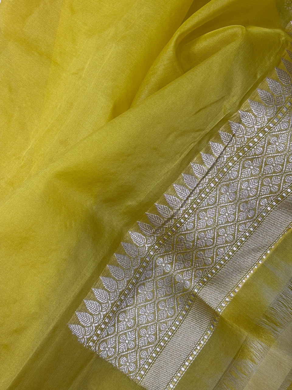 Mango Yellow Banarasi Kora Silk Handwoven Saree