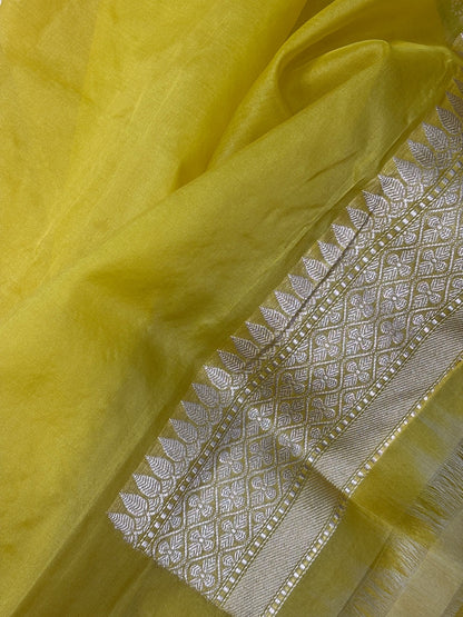 Mango Yellow Banarasi Kora Silk Handwoven Saree