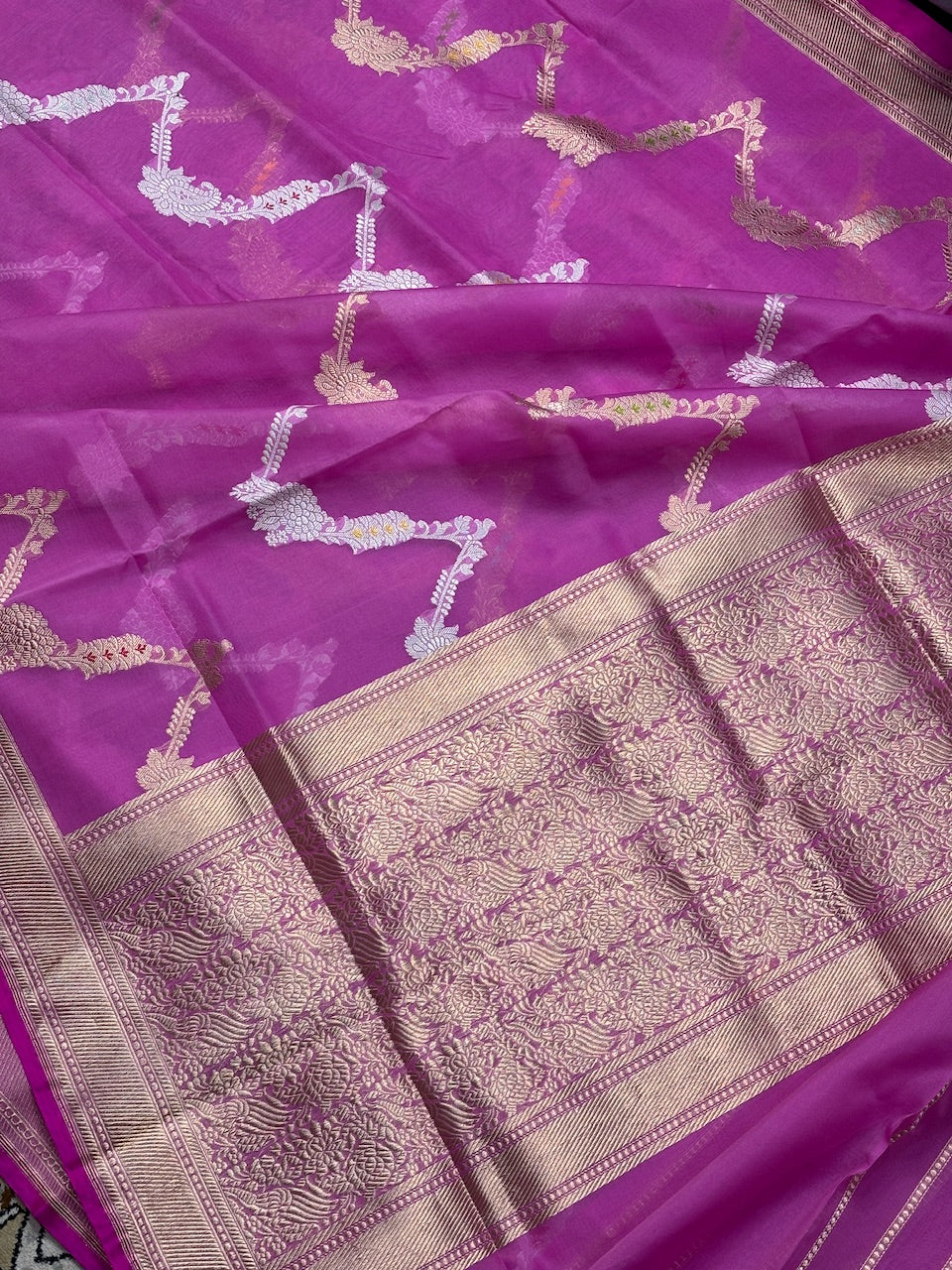 Magenta Pink. Banarasi Kora Silk Handwoven Saree
