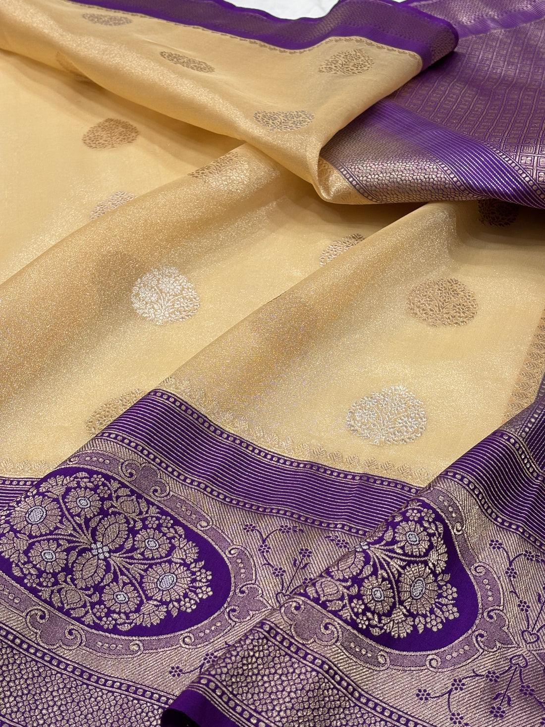 Golden Beige Banarasi Kora Silk Handwoven Saree