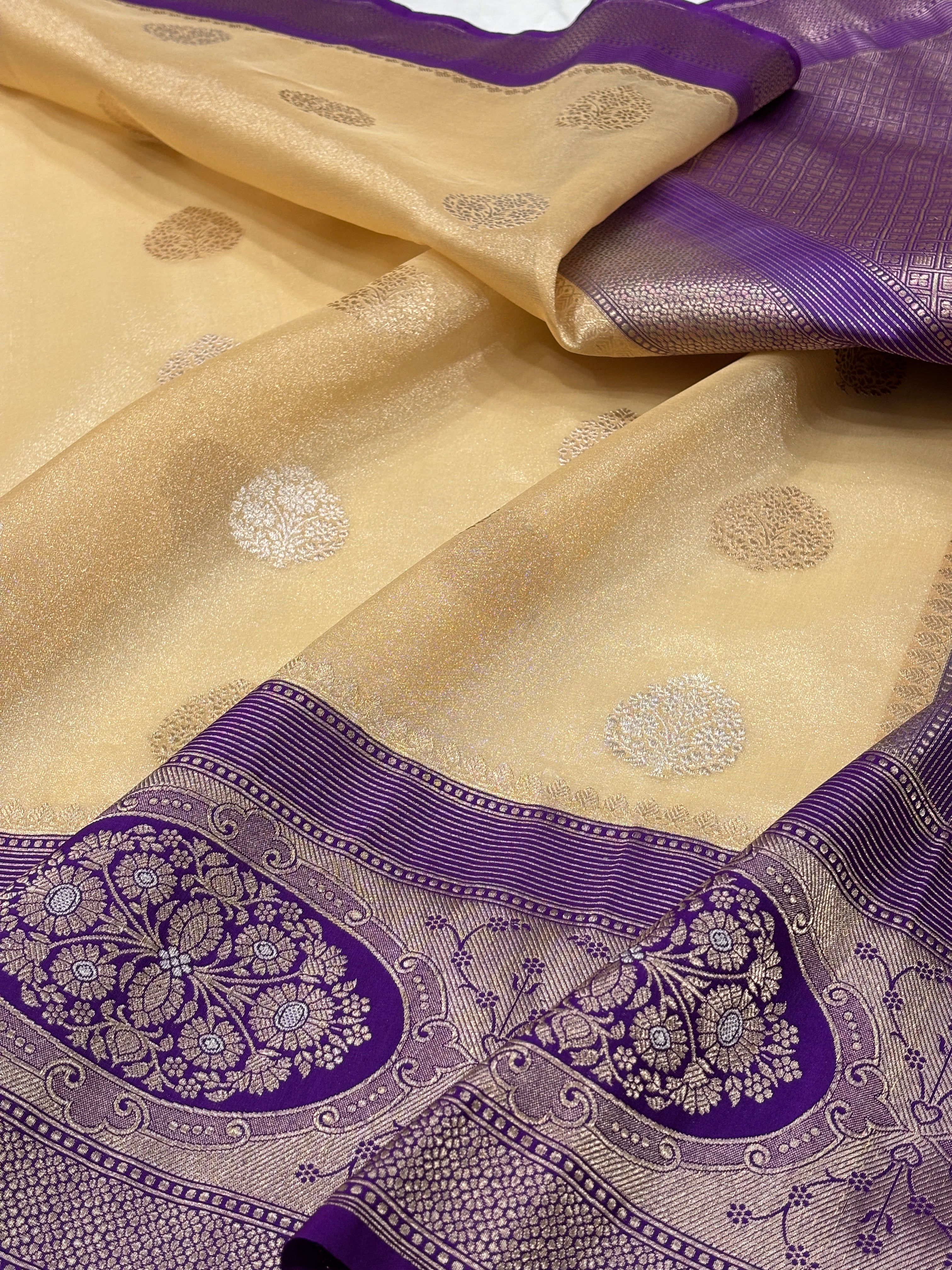 Golden Beige Banarasi Kora Silk Handwoven Saree