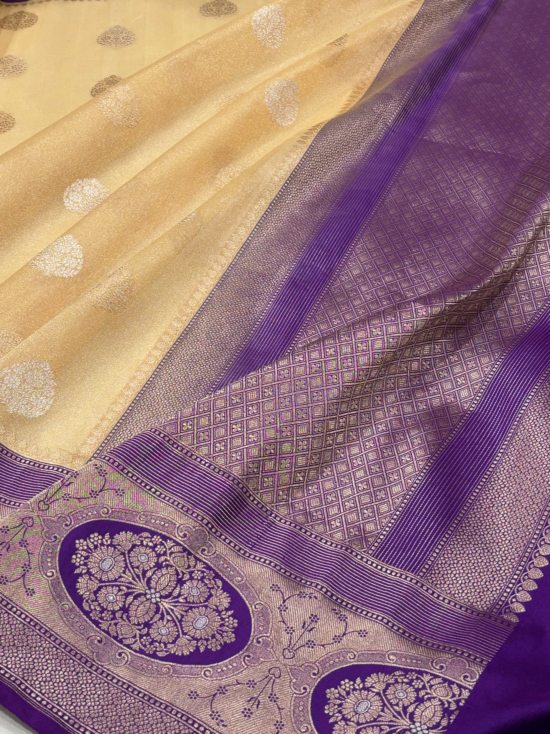 Golden Beige Banarasi Kora Silk Handwoven Saree