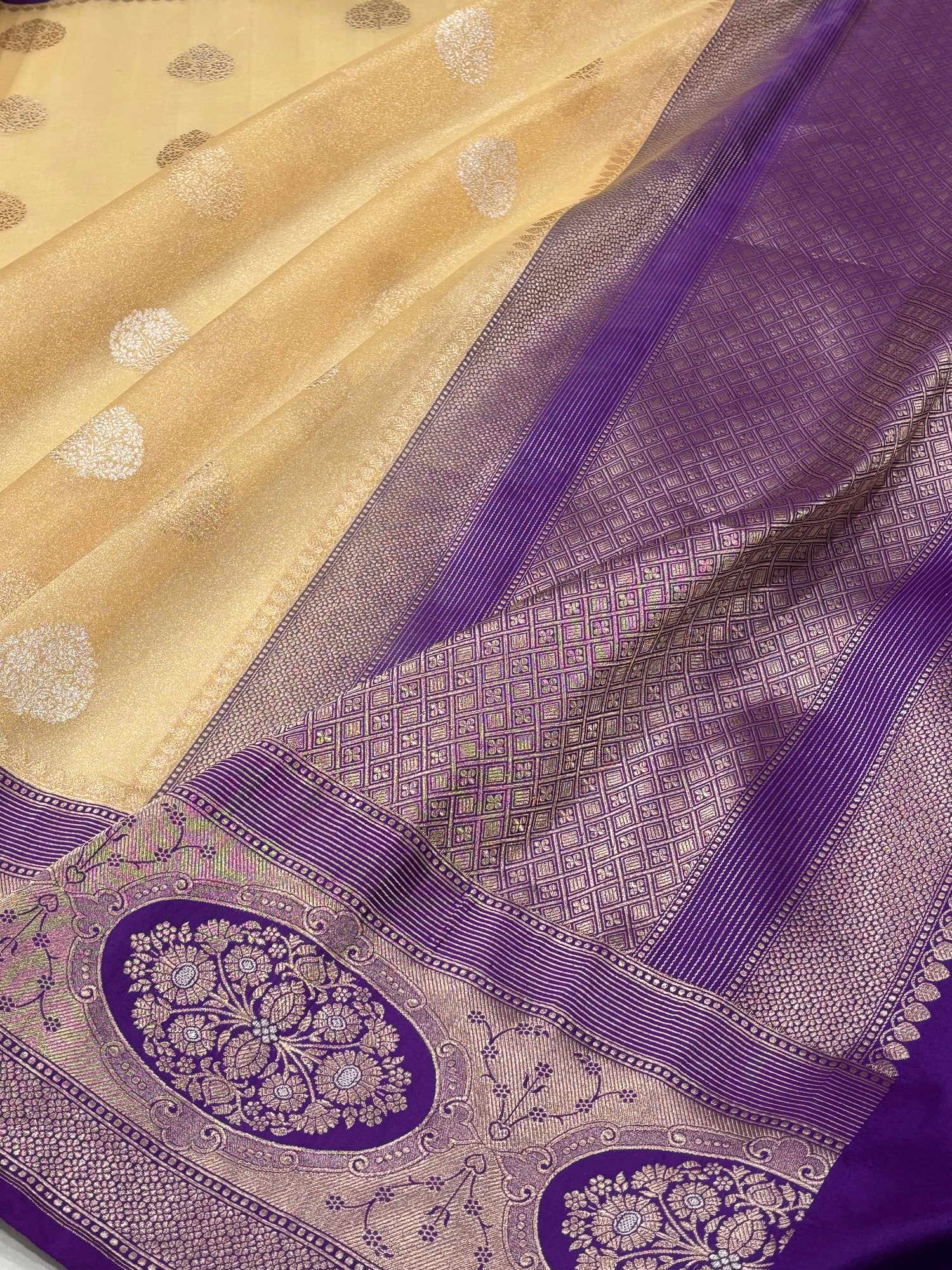 Golden Beige Banarasi Kora Silk Handwoven Saree