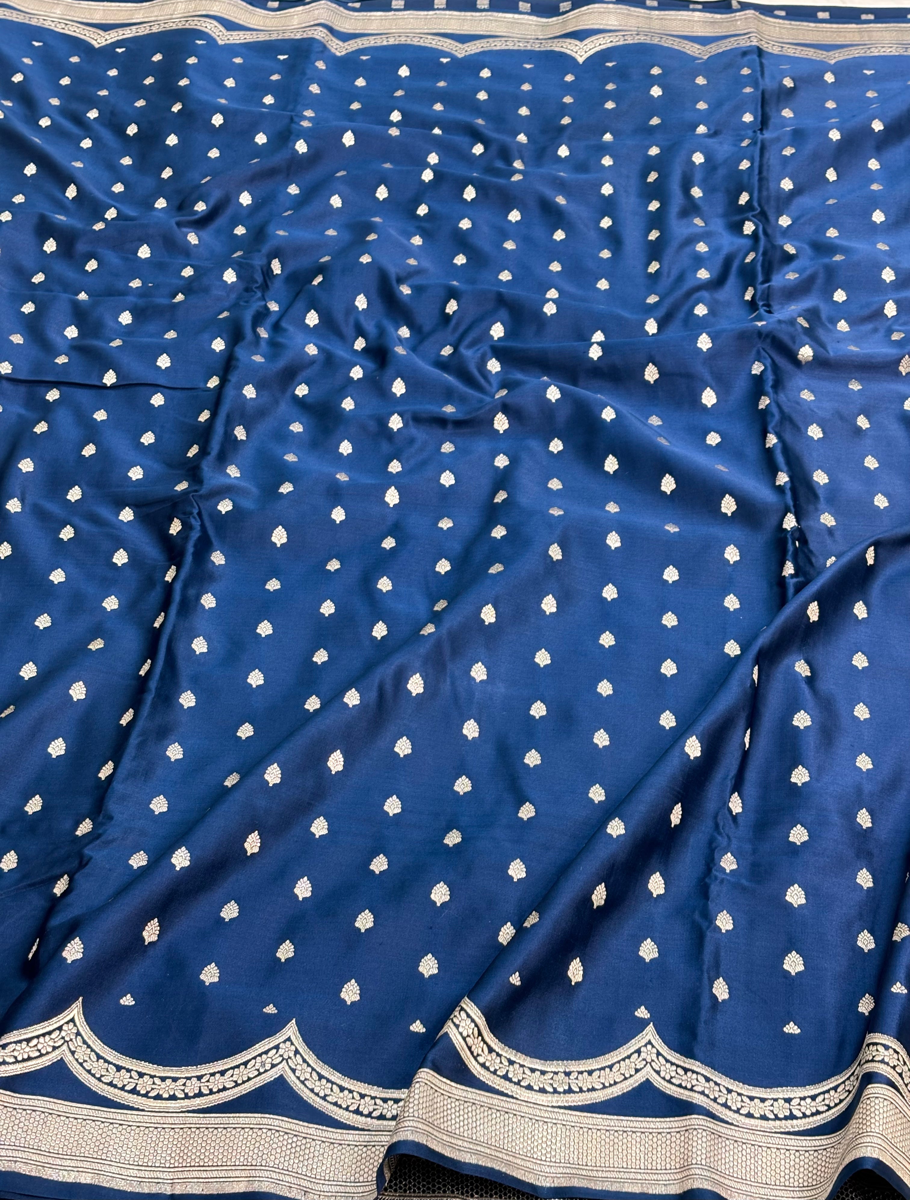 Blue Handwoven Vintage Pure Banarasi Satin Silk Saree