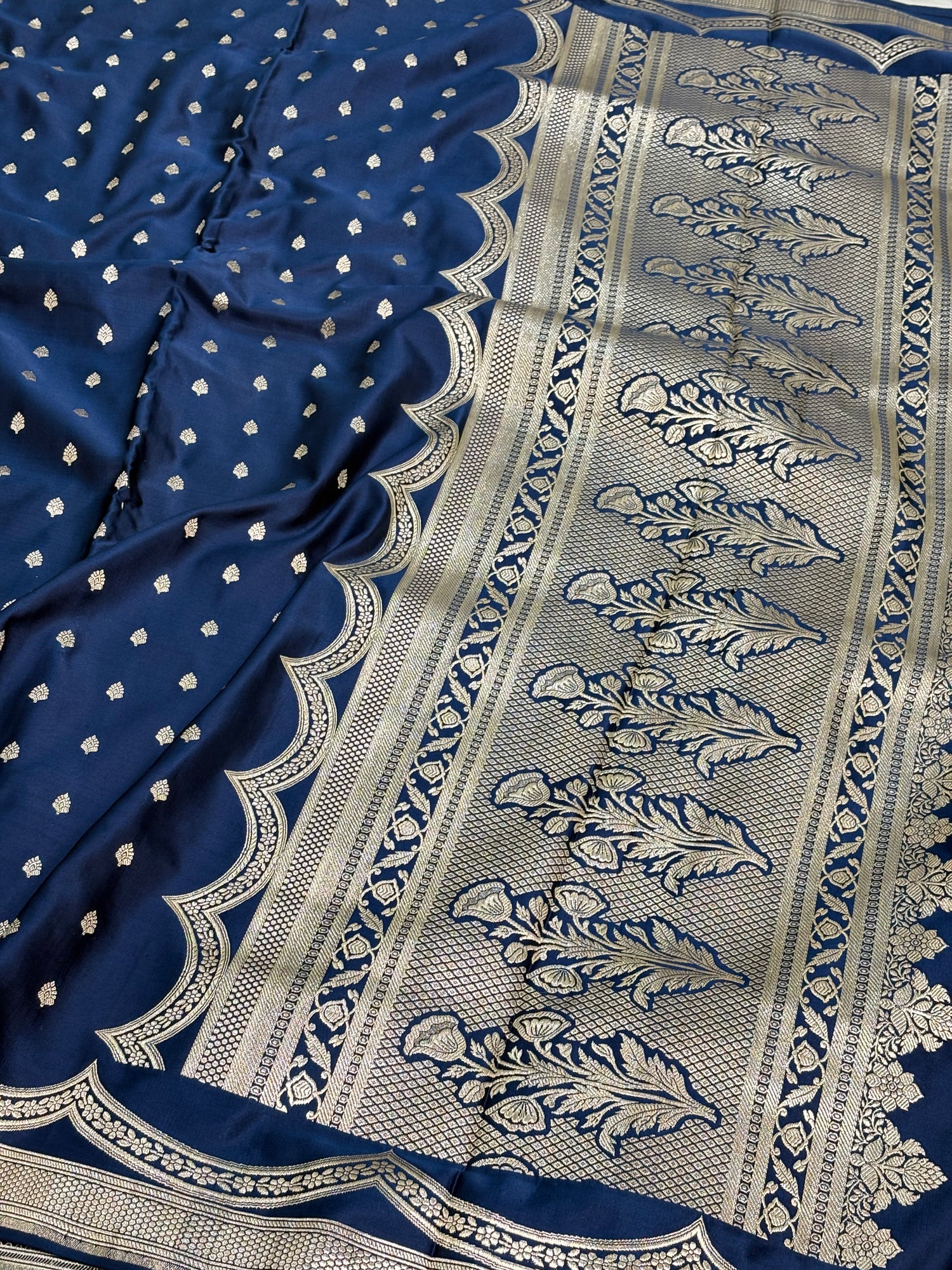 Blue Handwoven Vintage Pure Banarasi Satin Silk Saree