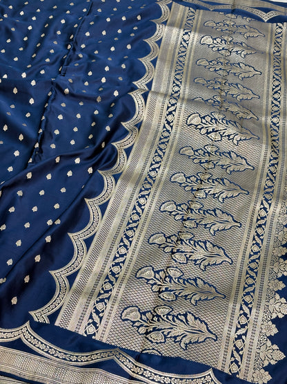 Blue Handwoven Vintage Pure Banarasi Satin Silk Saree