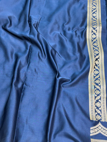 Blue Handwoven Vintage Pure Banarasi Satin Silk Saree