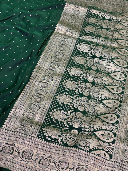 Bottle Green Handwoven Vintage Pure Banarasi Satin Silk Saree