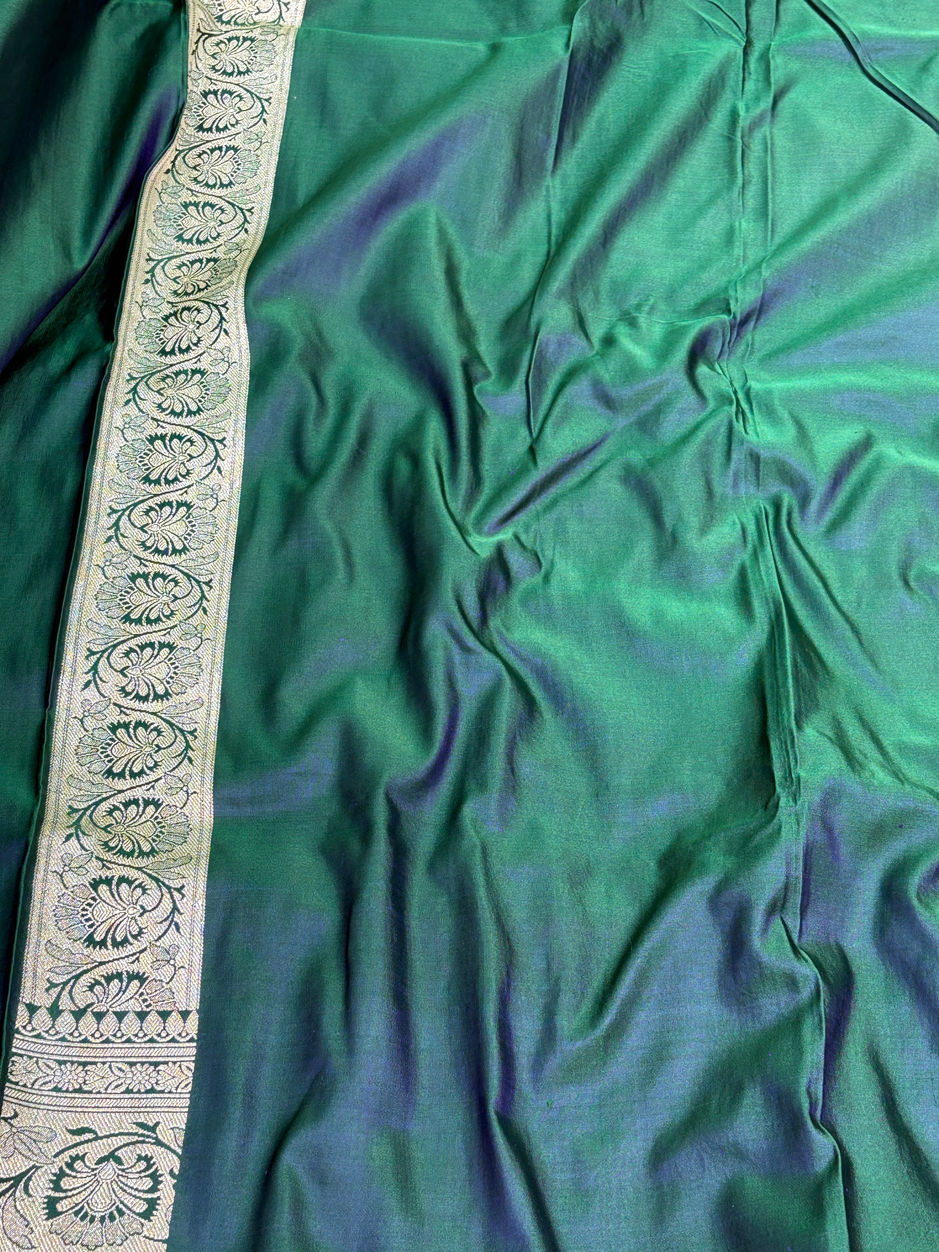 Bottle Green Handwoven Vintage Pure Banarasi Satin Silk Saree