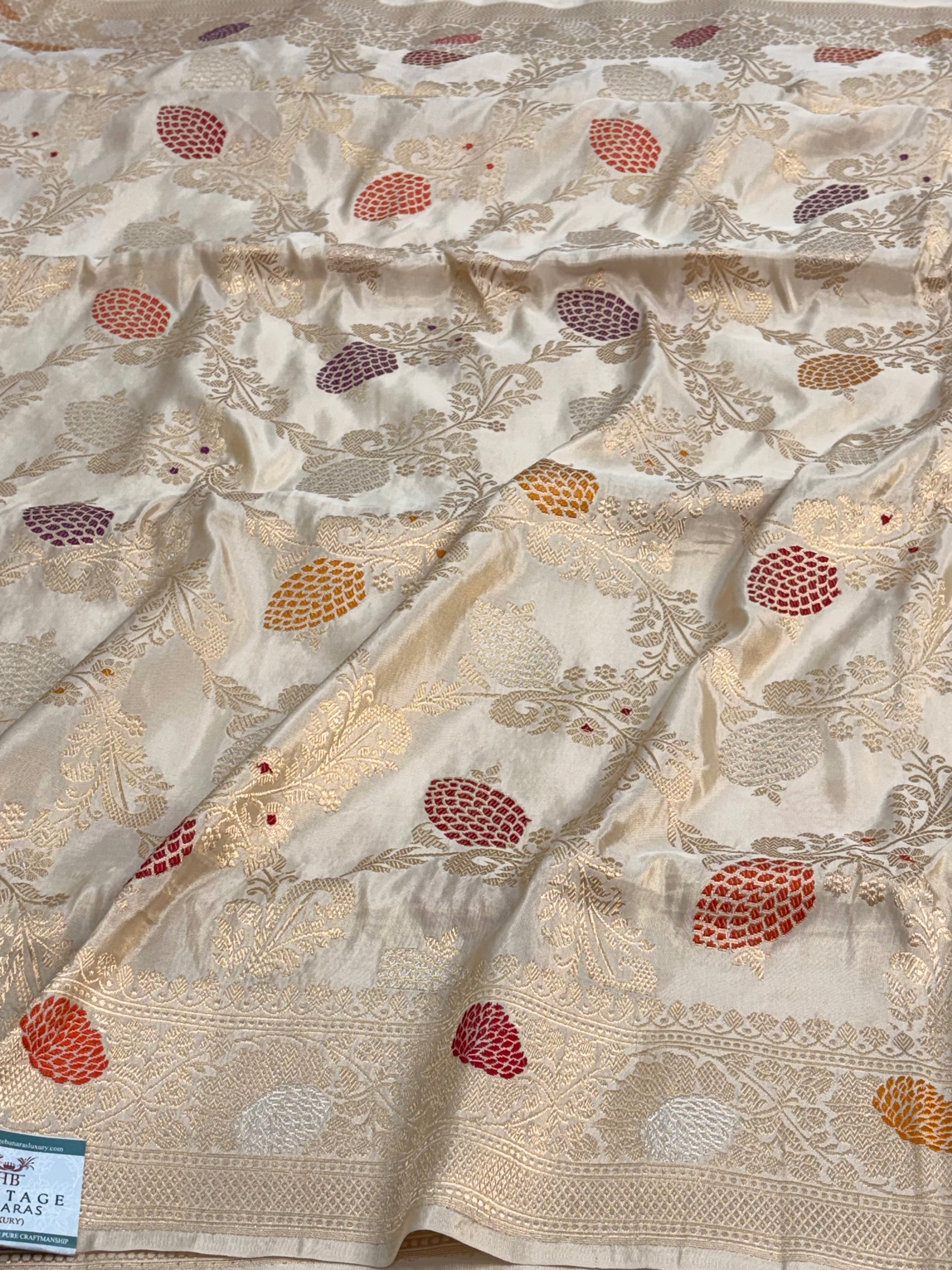 Ivory Handwoven Pure Banarasi Tissue Silk Saree