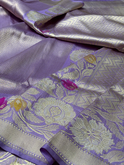 Lavender Pure Banarasi Brocade Handwoven Saree