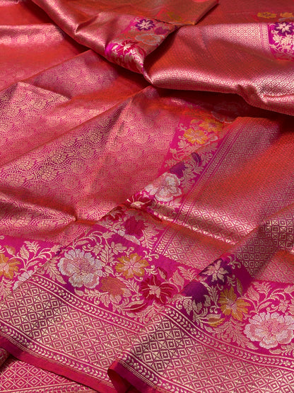 Rani Pink Pure Banarasi Brocade Handwoven Saree