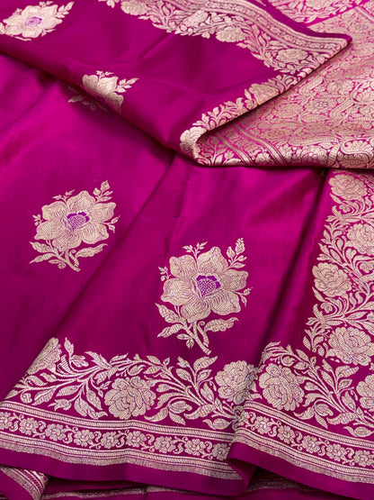 Rani Pink Handwoven Pure Banarasi Satin Silk Saree