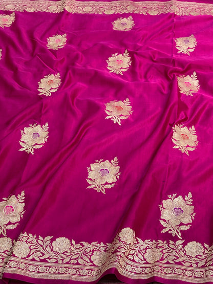 Rani Pink Handwoven Pure Banarasi Satin Silk Saree