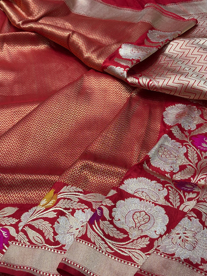 Red Pure Banarasi Brocade Handwoven Saree