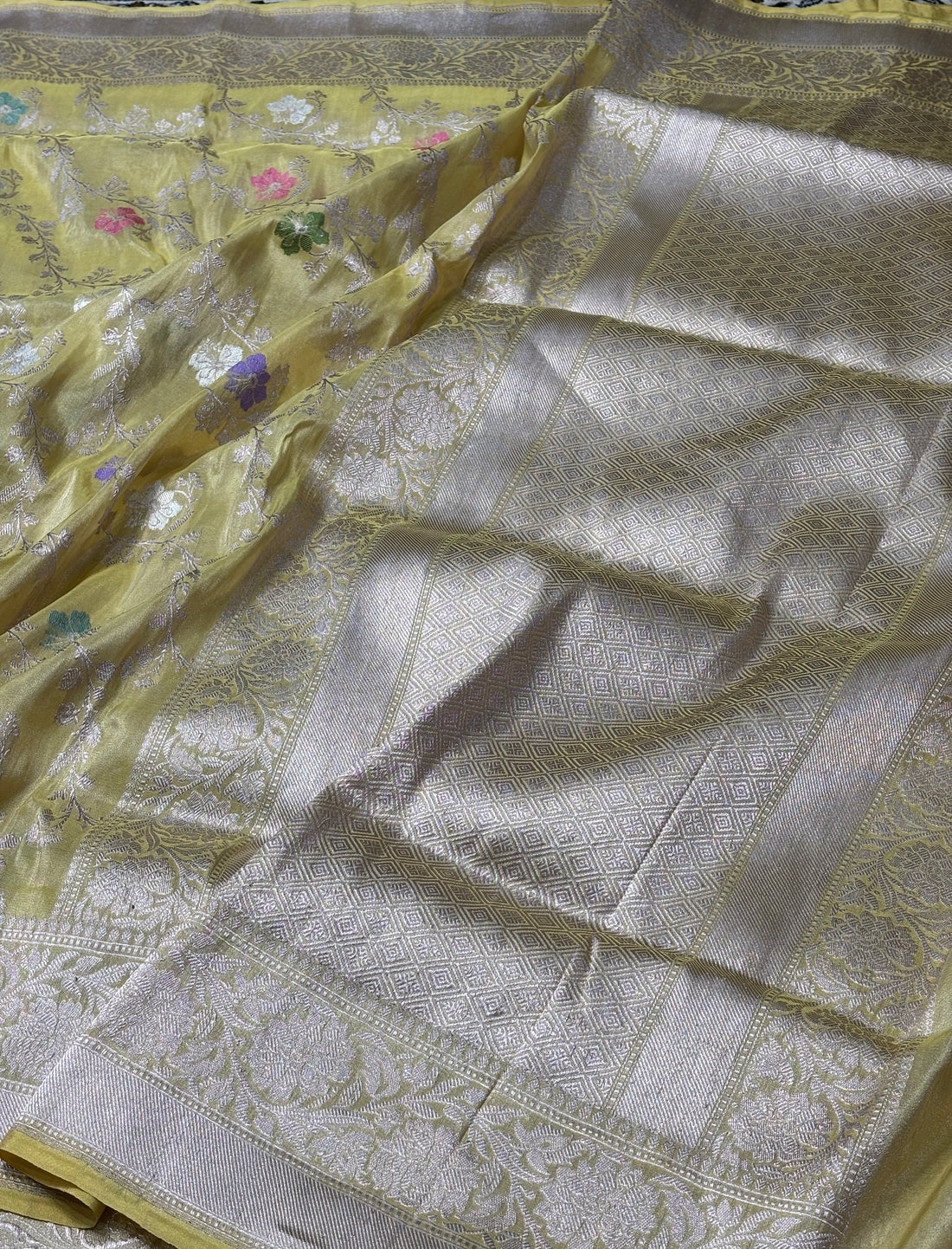 Yellow Banarasi Tissue  Silk Handwoven Saree