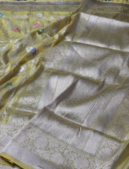 Yellow Banarasi Tissue  Silk Handwoven Saree