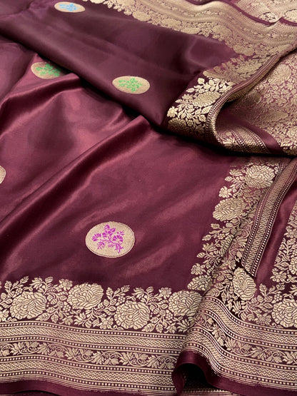 Wine Handwoven Pure Banarasi Mashru Silk Saree