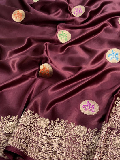 Wine Handwoven Pure Banarasi Mashru Silk Saree