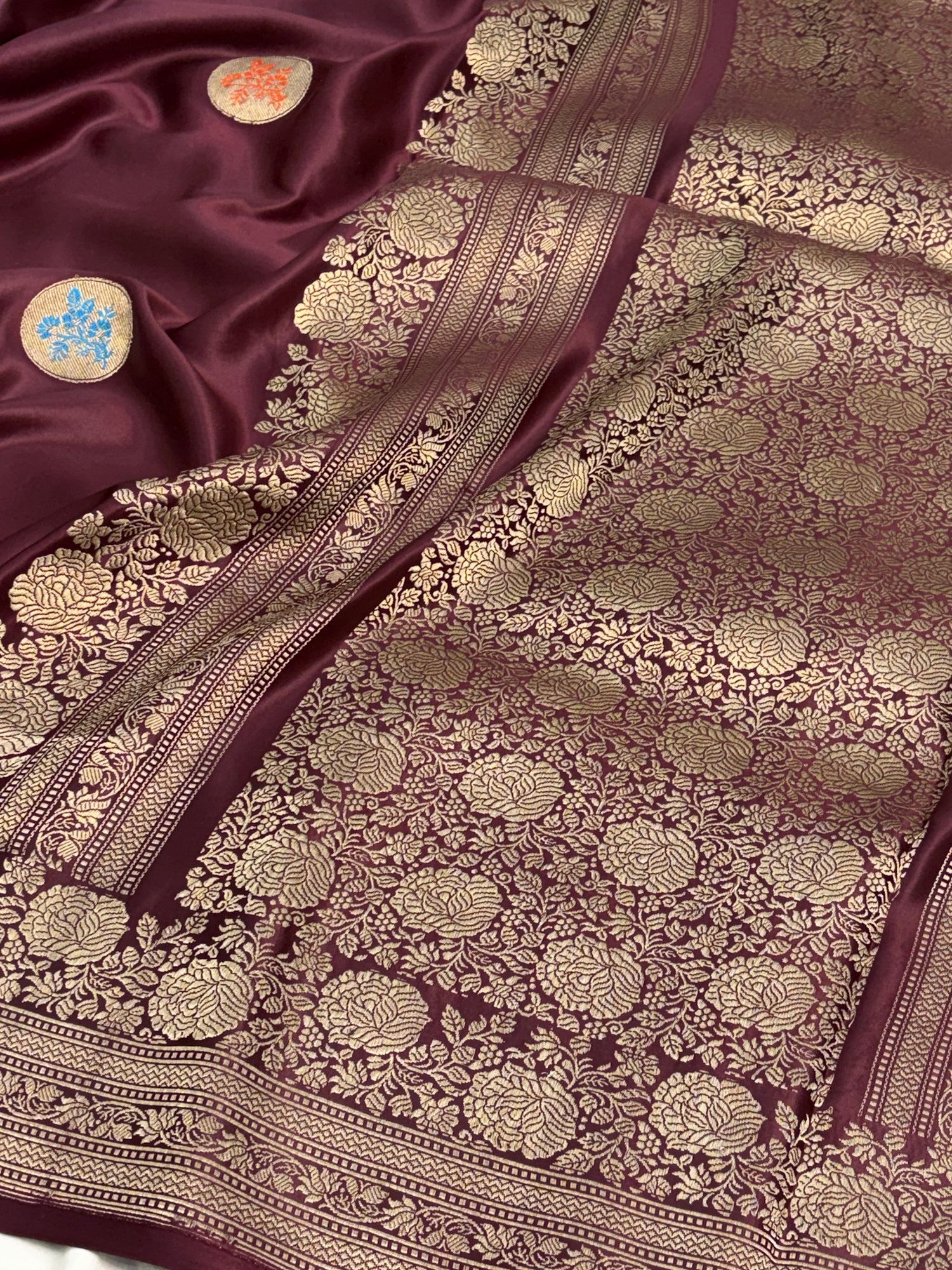 Wine Handwoven Pure Banarasi Mashru Silk Saree
