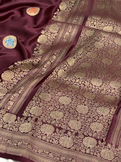 Wine Handwoven Pure Banarasi Mashru Silk Saree