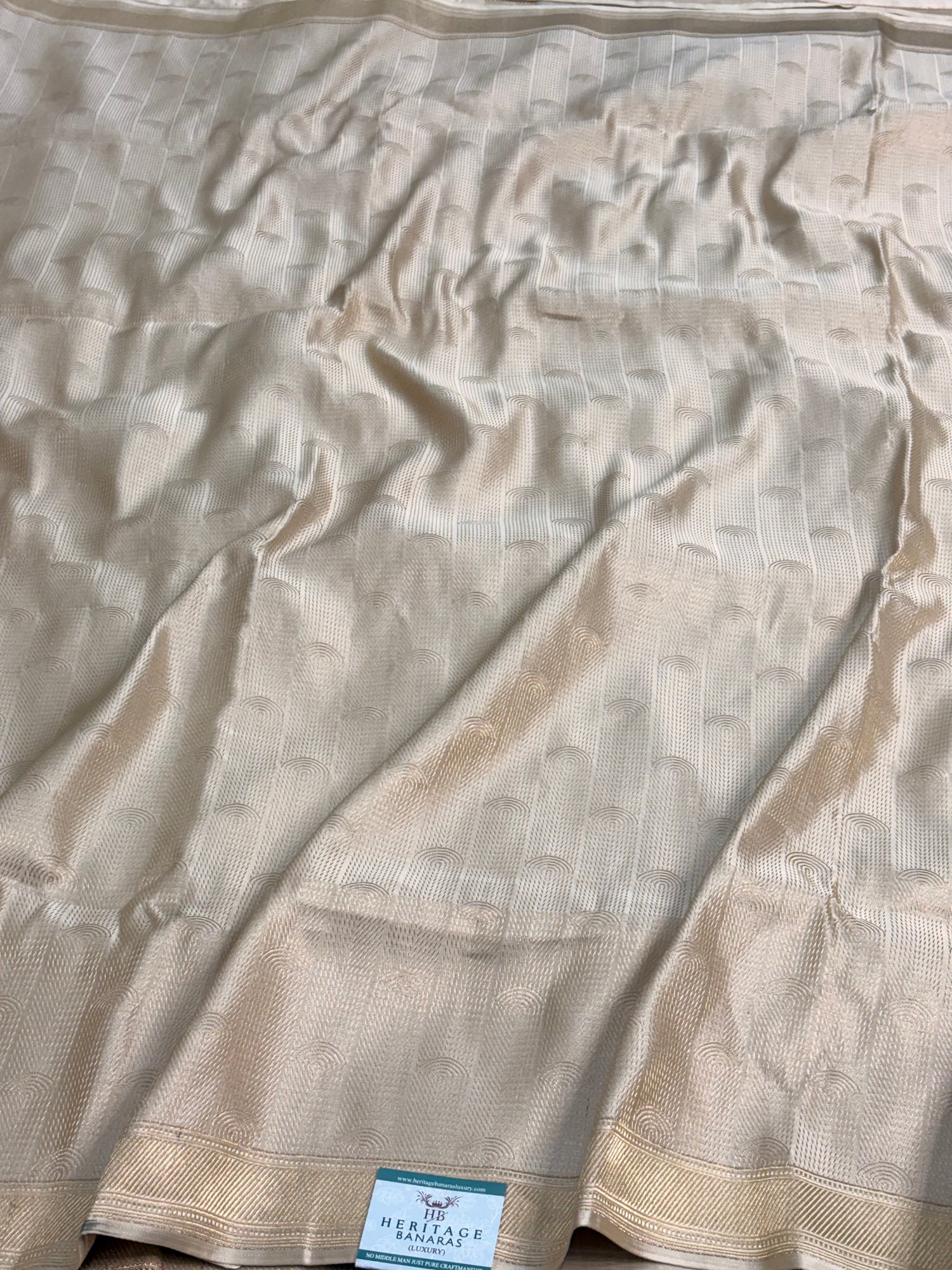 Cream Handwoven Pure Banarasi Satin Tanchoi Silk Saree