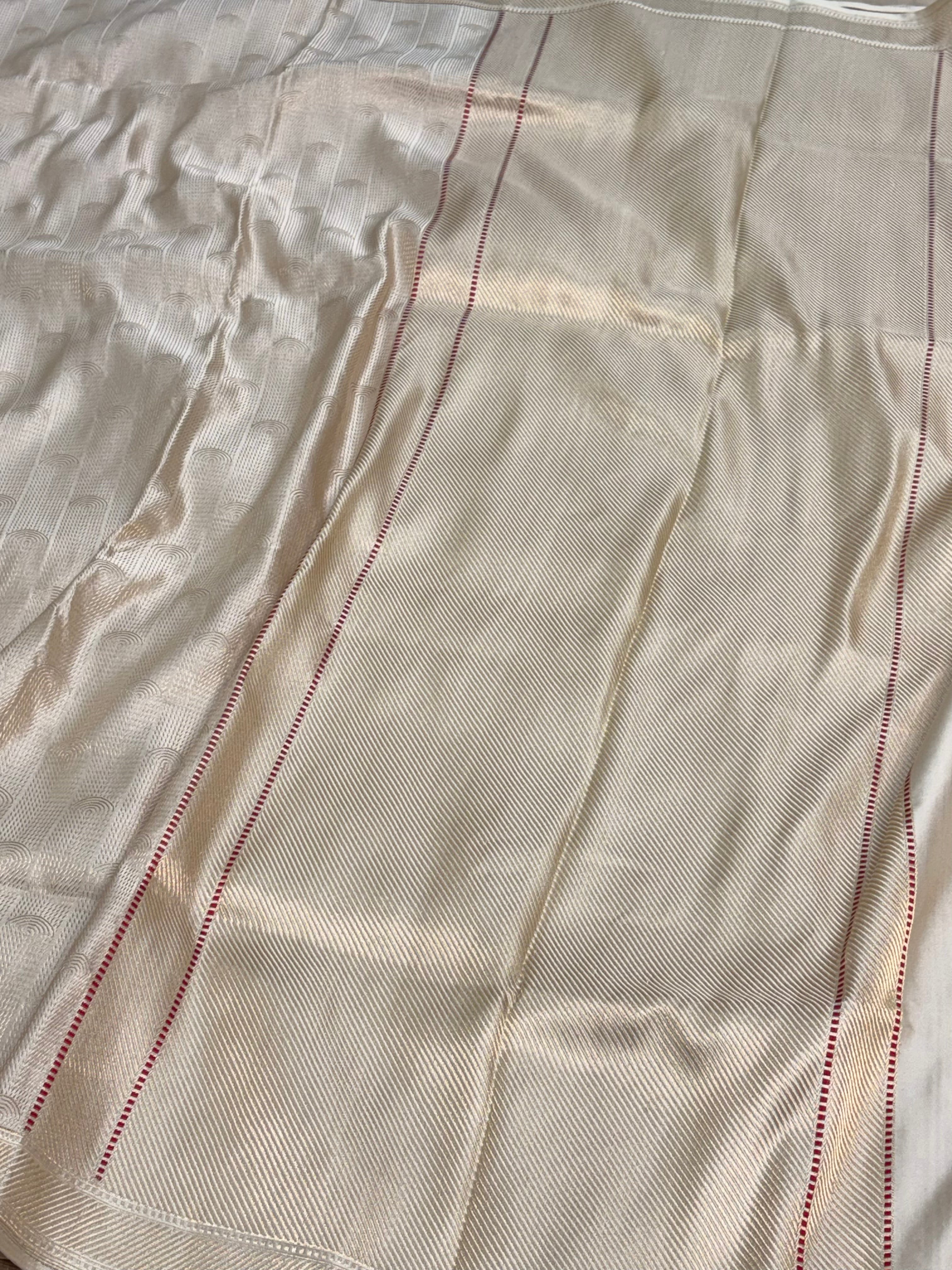 Cream Handwoven Pure Banarasi Satin Tanchoi Silk Saree