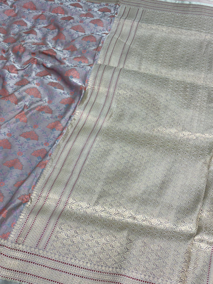 Lilac Handwoven Pure Banarasi Satin Tanchoi Silk Saree