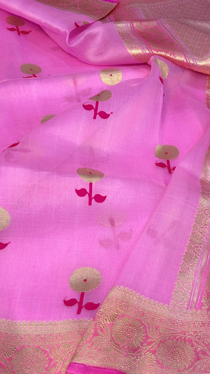 Pistal Pink Banarasi Kora Silk Saree