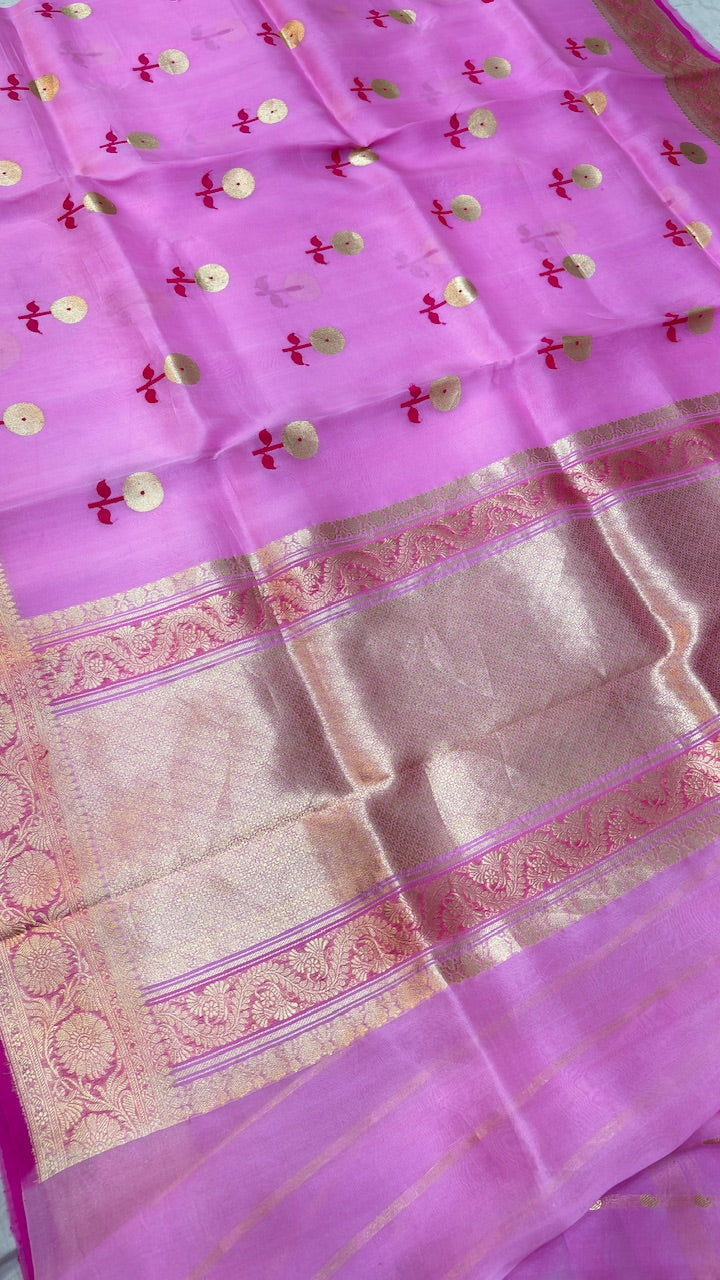 Pistal Pink Banarasi Kora Silk Saree