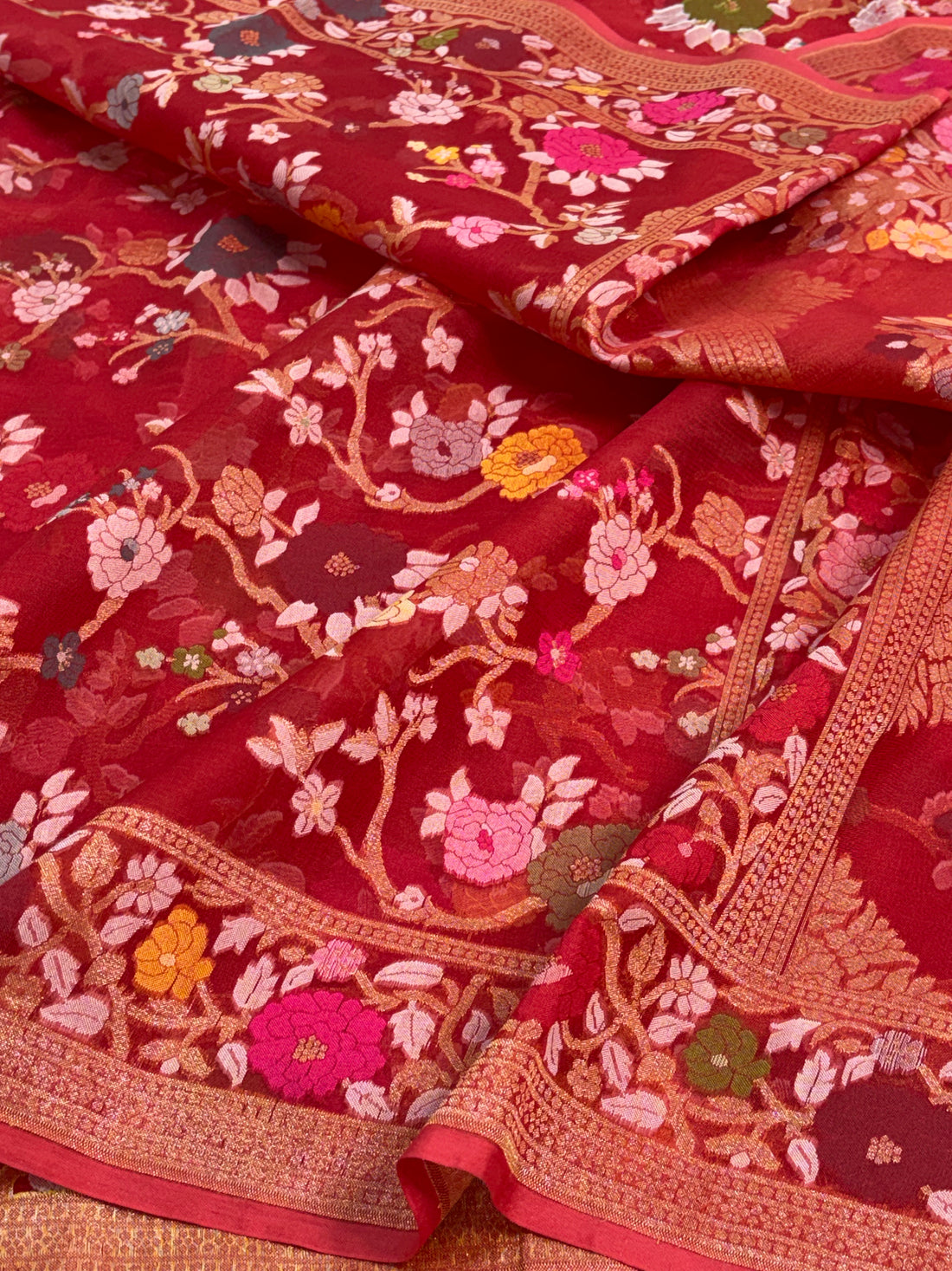 Red Handwoven Pure Banarasi Organza Jamdani Saree