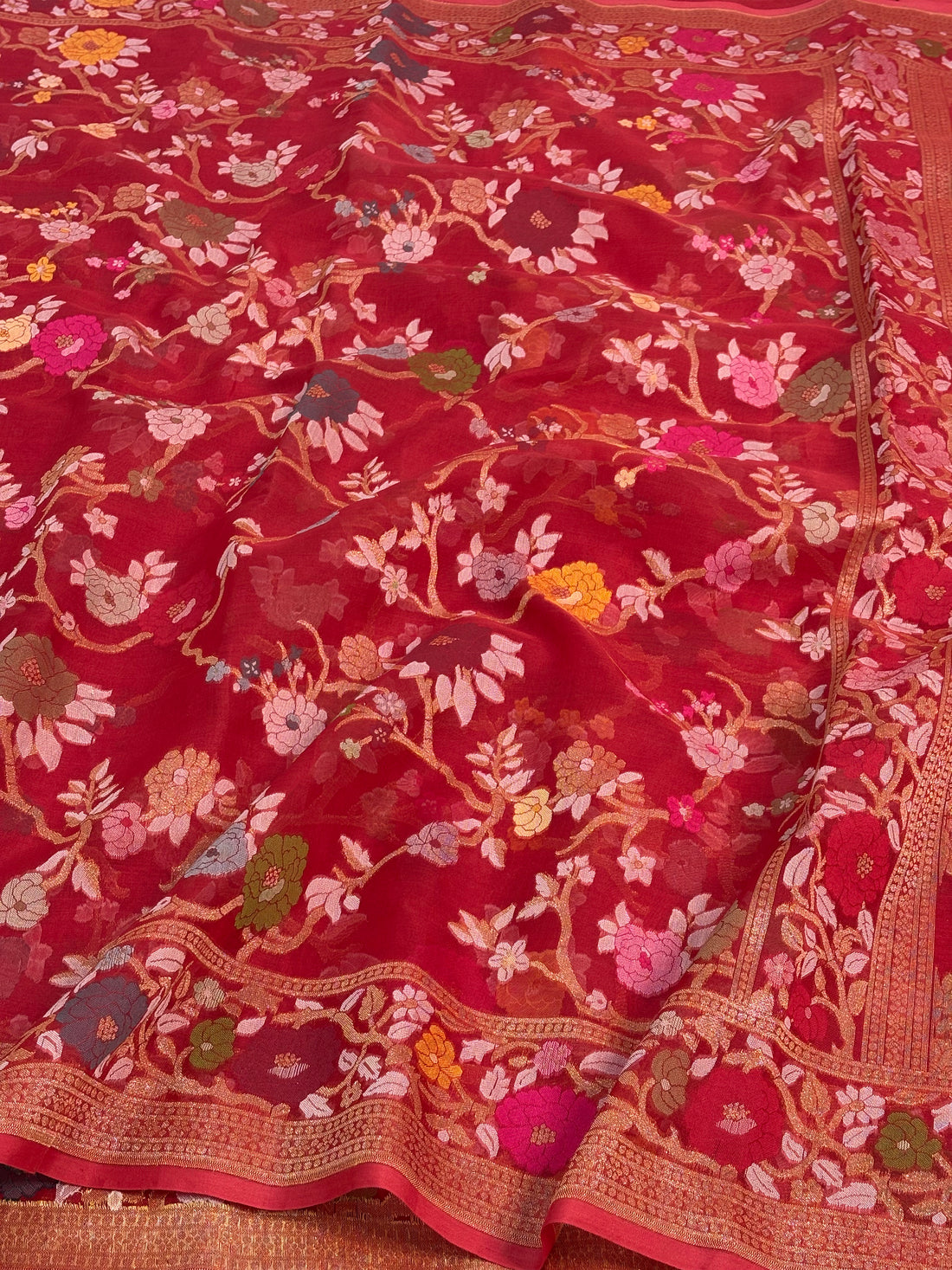 Red Handwoven Pure Banarasi Organza Jamdani Saree