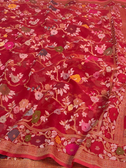 Red Handwoven Pure Banarasi Organza Jamdani Saree