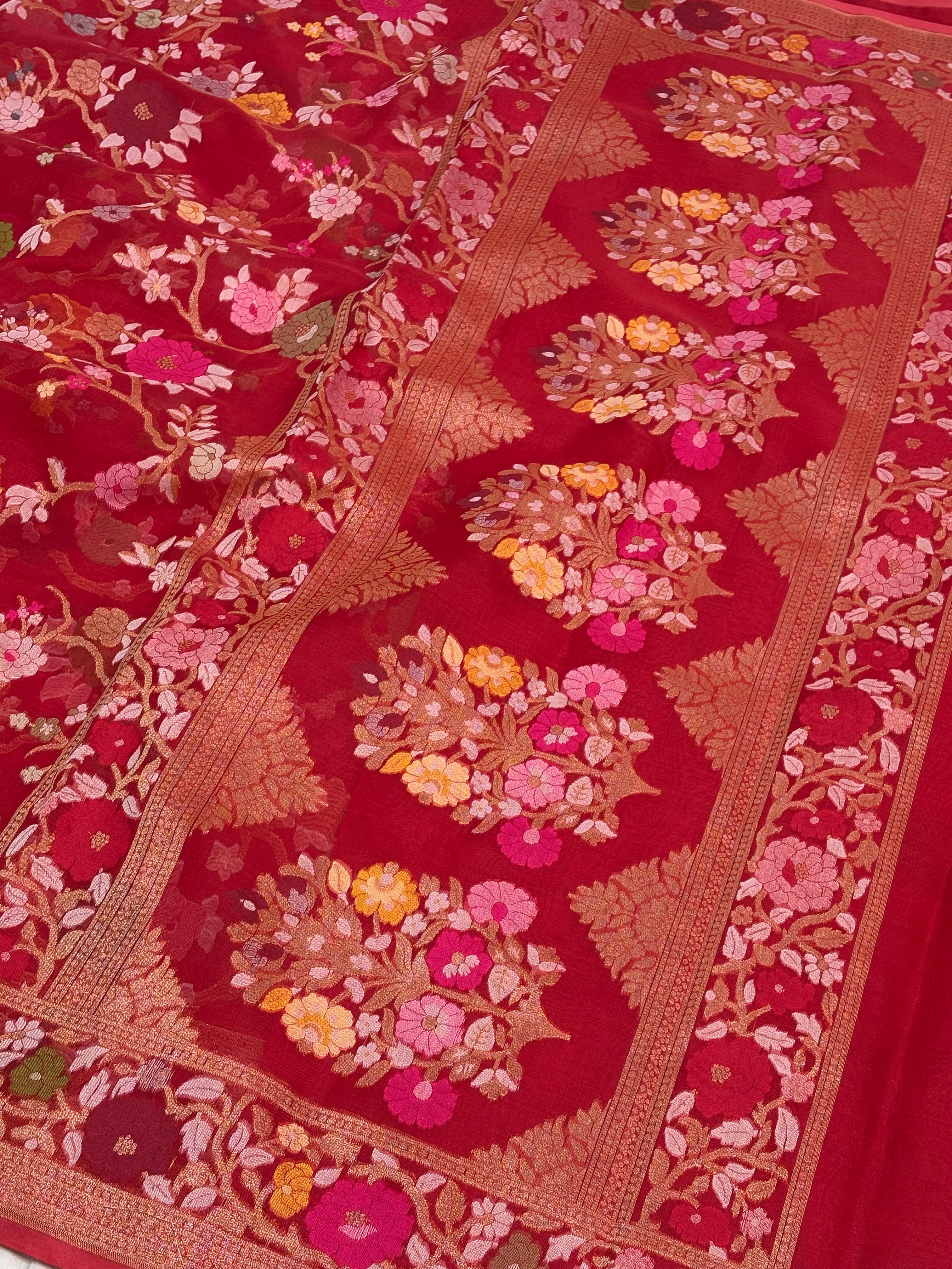 Red Handwoven Pure Banarasi Organza Jamdani Saree