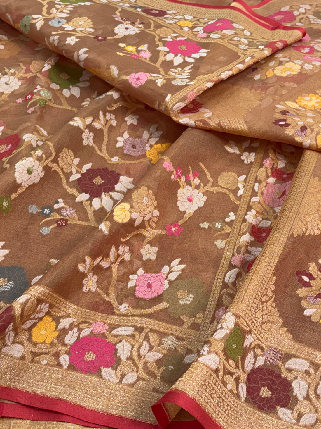Brown Handwoven Pure Banarasi Organza Jamdani Saree