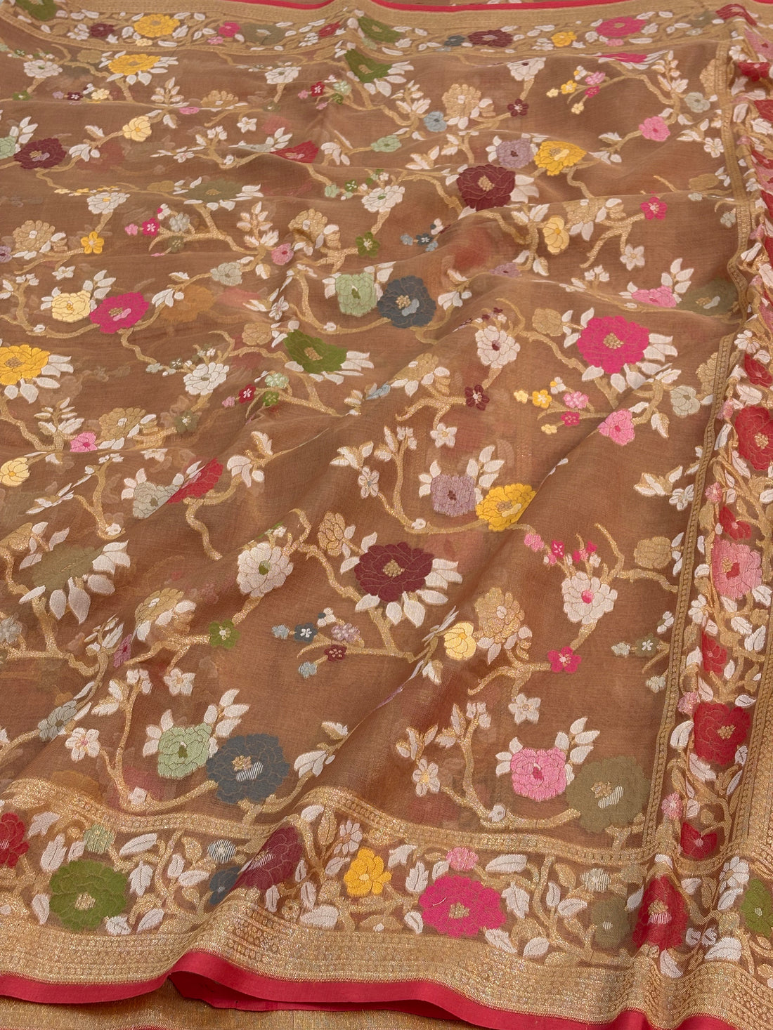 Brown Handwoven Pure Banarasi Organza Jamdani Saree